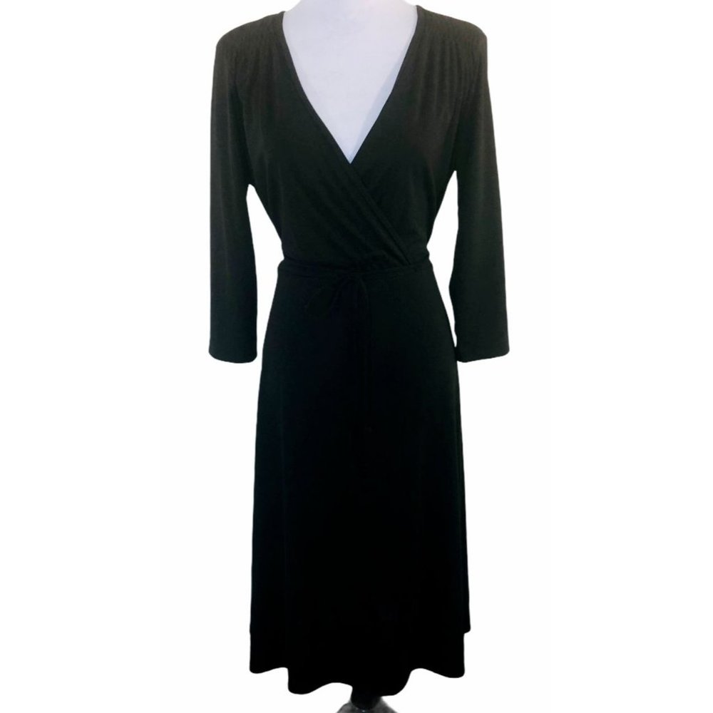 Nine West Nine Co Black Faux Wrap Dress 3/4 Sleeve Smocked Shoulder Midi Sz XL